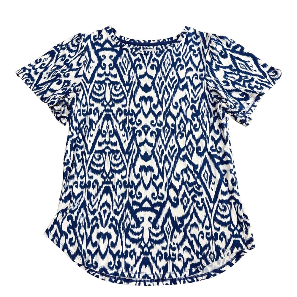 Chico's Blue Ikat Print Short Sleeve Knit Top Women Size 1 Medium
